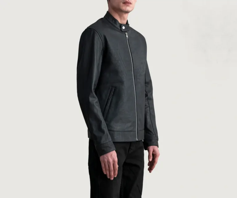 Zen Tumbled Black Leather Biker Jacket — Quarter Angle Side Profile & Contoured Sleeve Detail