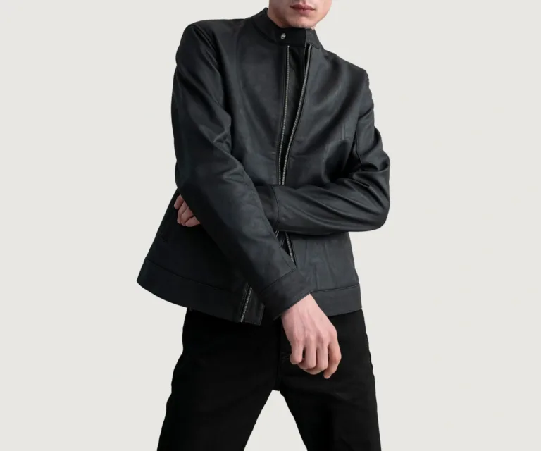 Zen Tumbled Black Leather Biker Jacket — Front Zipped Placket & Collar Detail