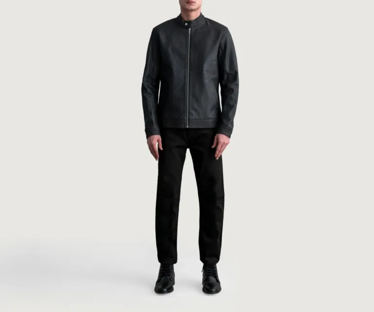 Zen Tumbled Black Leather Biker Jacket — Rear Back View & Tapered Waistband