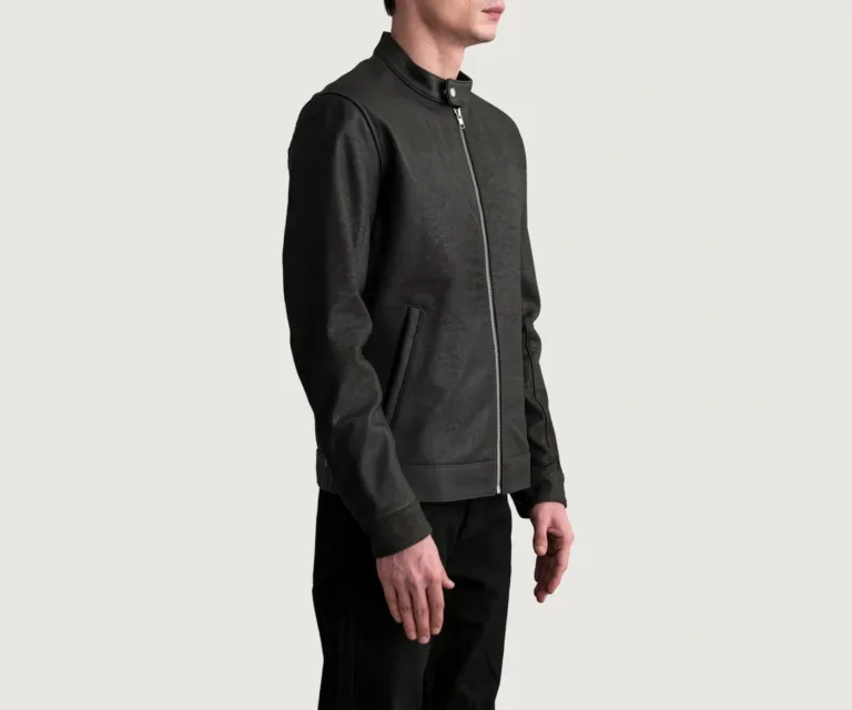 Zen Tumbled Brown Leather Biker Jacket — Quarter Angle Profile & Contoured Sleeve Detail