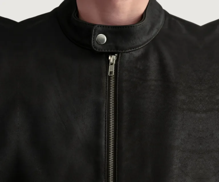 Zen Tumbled Brown Leather Biker Jacket — Macro Detail Texture, Stitching & Hardware