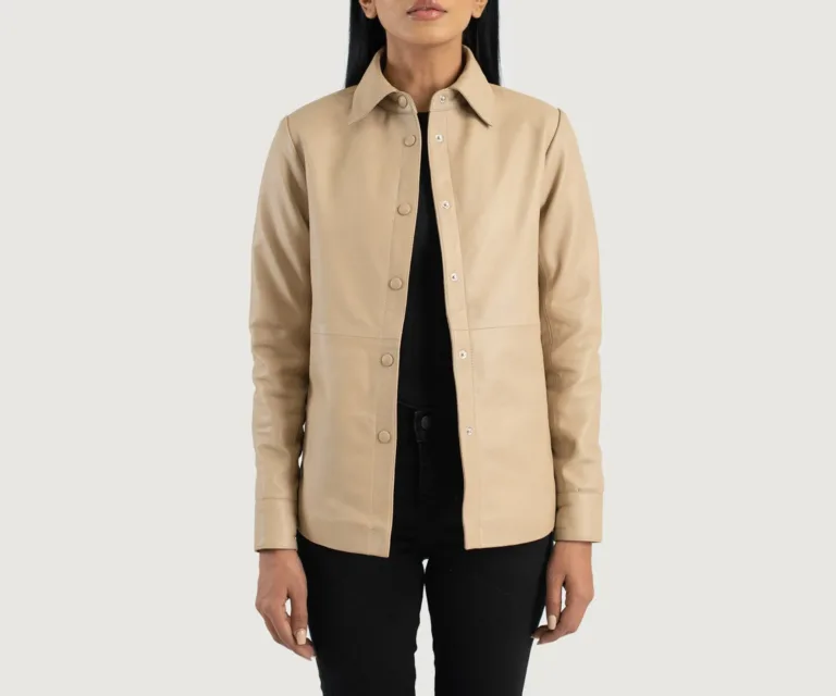 Zenith Beige Leather Shirt Jacket Luxury Women's Outerwear — Front Silhouette Hero Presentation