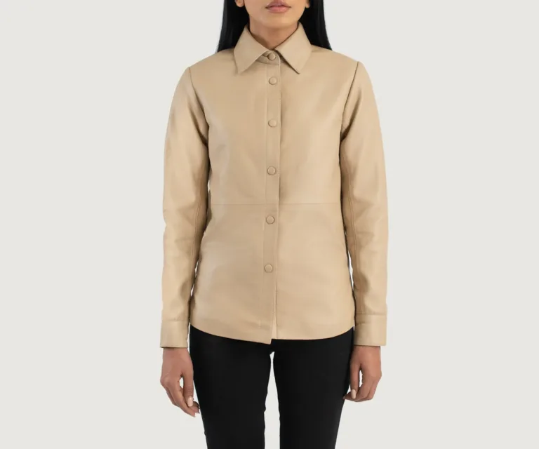 Zenith Beige Leather Shirt Jacket Luxury Women's Outerwear — Rear Profile & Tailored Seaming