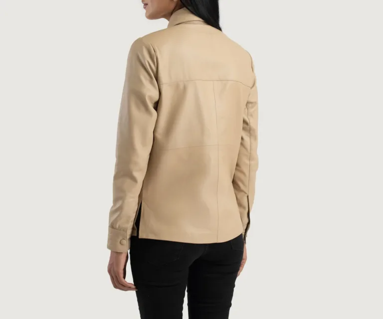 Zenith Beige Leather Shirt Jacket Luxury Women's Outerwear — Macro Hardware & Leather Grain