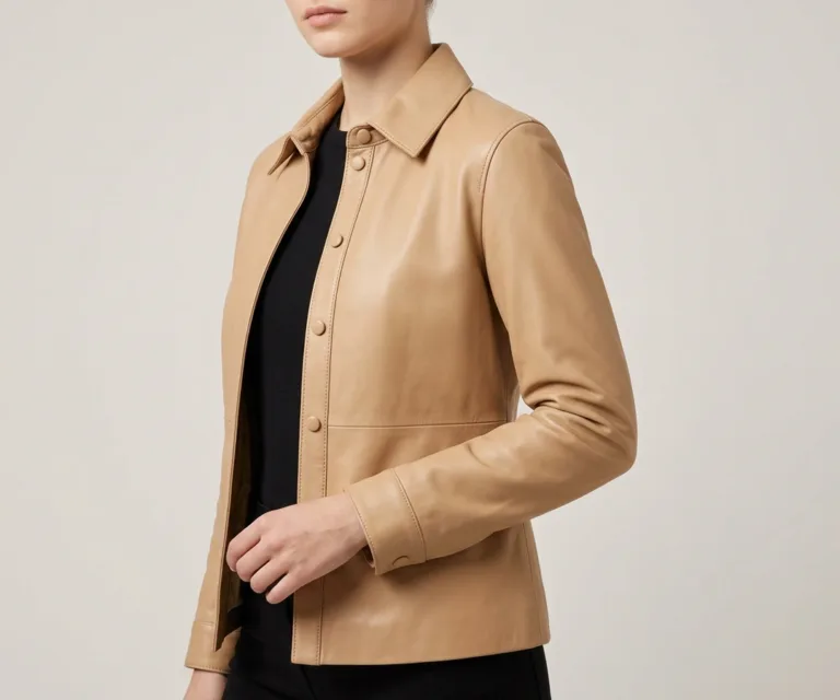 Zenith Beige Leather Shirt Jacket 3/4 Profile 1080x900