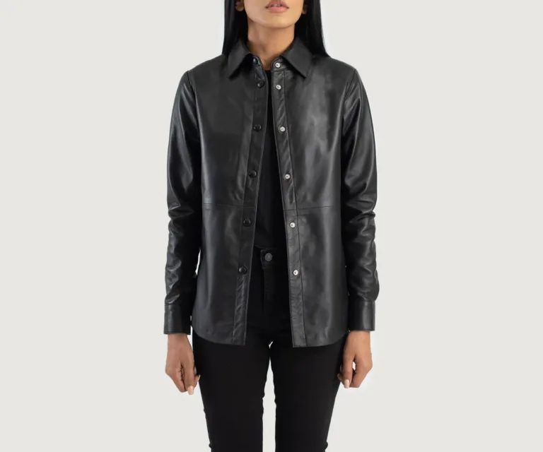 Zenith Black Leather Shirt Jacket Luxury Women's Outerwear — Front Silhouette Hero Presentation