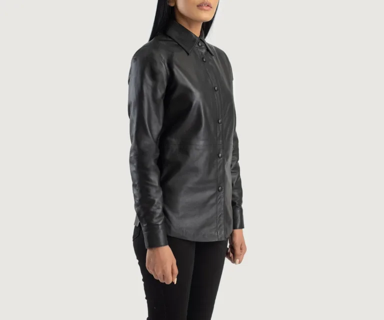 Zenith Black Leather Shirt Jacket Luxury Women's Outerwear — Three-Quarter Editorial Perspective