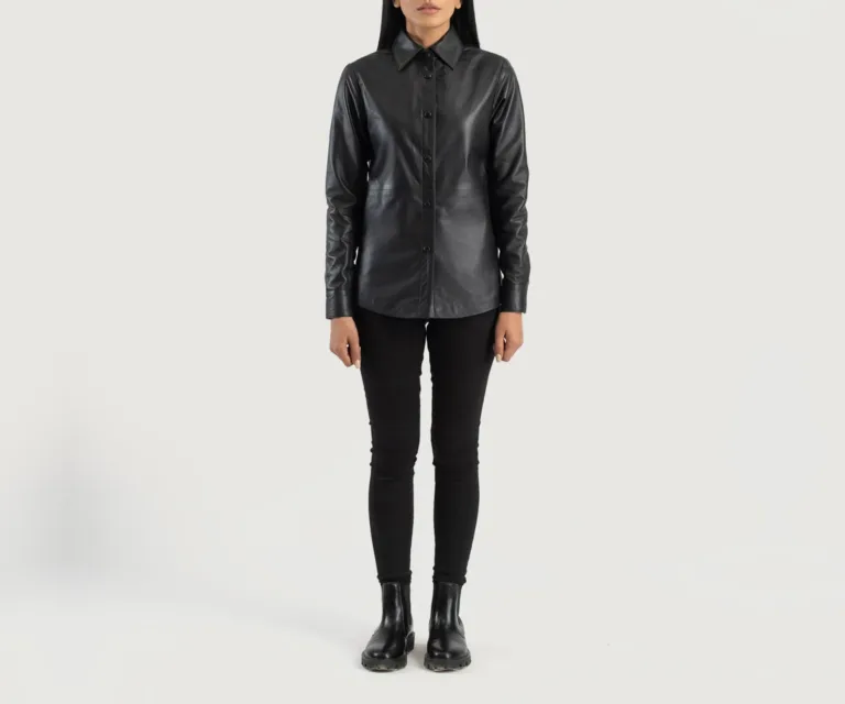 Zenith Black Leather Shirt Jacket Luxury Women's Outerwear — Collar & Ribbed Trim Architecture