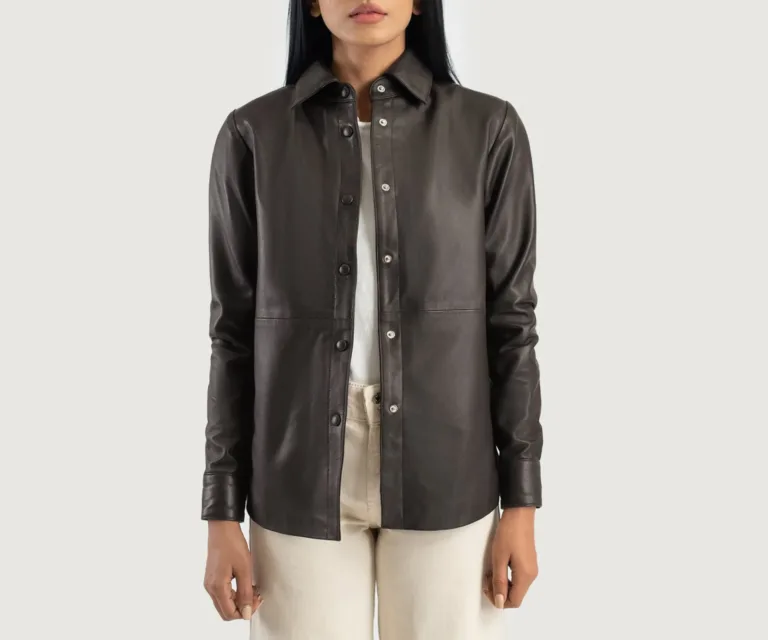 Zenith Brown Leather Shirt Jacket Luxury Women's Outerwear — Front Silhouette Hero Presentation