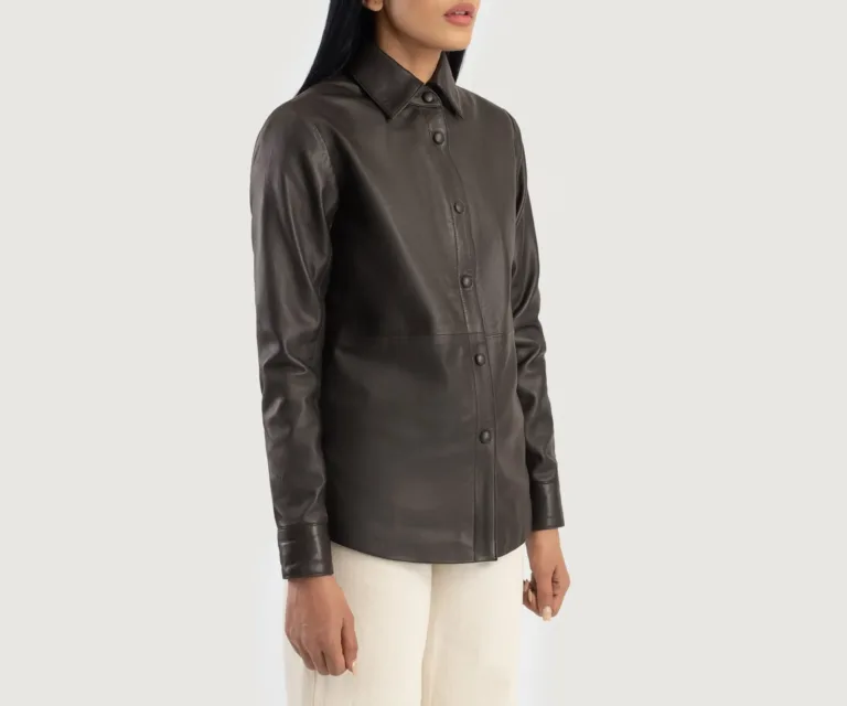 Zenith Brown Leather Shirt Jacket Luxury Women's Outerwear — Three-Quarter Editorial Perspective
