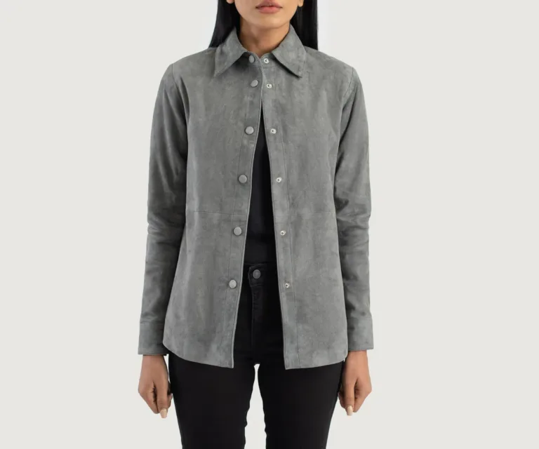 Zenith Grey Suede Leather Shirt Jacket Luxury Women's Outerwear — Front Silhouette Hero Presentation