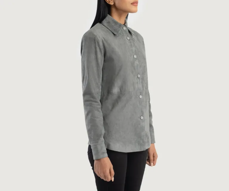 Zenith Grey Suede Leather Shirt Jacket Luxury Women's Outerwear — Three-Quarter Editorial Perspective