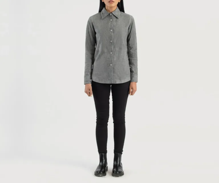 Zenith Grey Suede Leather Shirt Jacket Luxury Women's Outerwear — Collar & Closure Architecture