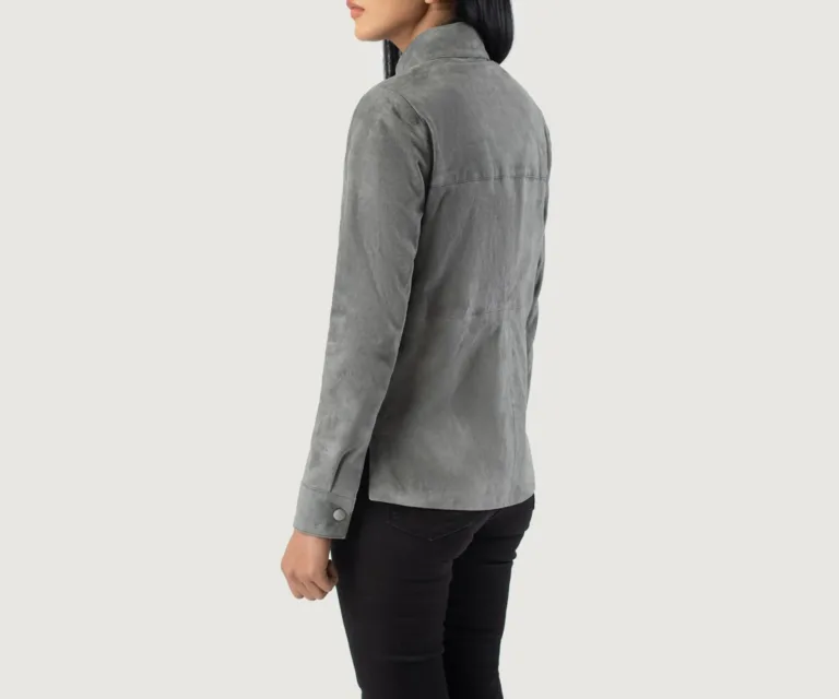 Zenith Grey Suede Leather Shirt Jacket Luxury Women's Outerwear — Macro Hardware & Leather Grain