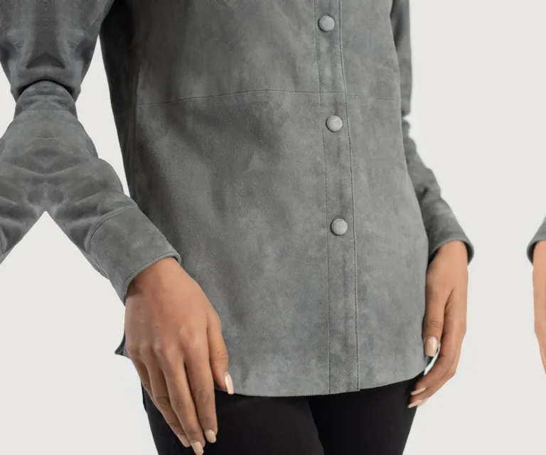 Zenith Grey Suede Leather Shirt Jacket Luxury Women's Outerwear — Full-Length Silhouette & Drape