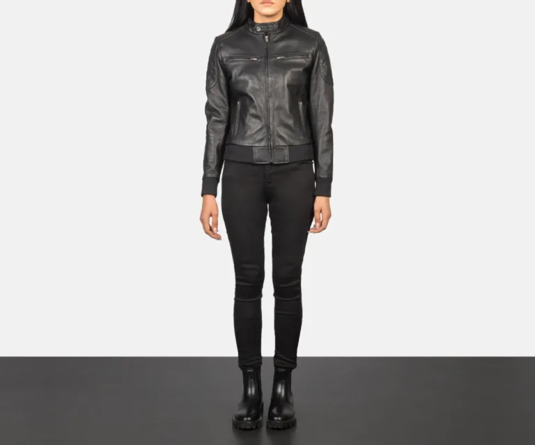 Zenna Black Leather Bomber Jacket Luxury Women's Outerwear — Collar & Ribbed Trim Architecture
