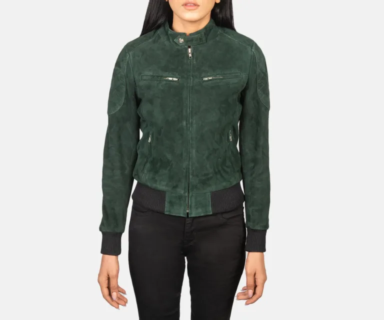 Zenna Green Suede Bomber Jacket Luxury Women's Outerwear — Rear Profile & Tailored Seaming