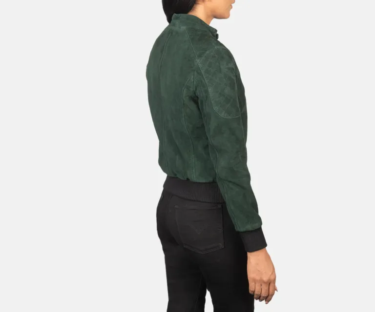 Zenna Green Suede Bomber Jacket Luxury Women's Outerwear — Macro Hardware & Leather Grain