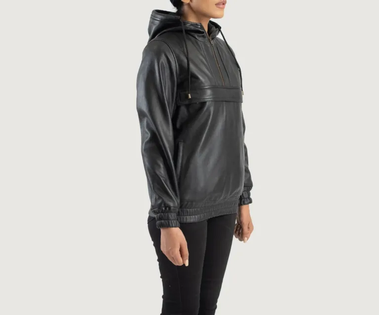 Zest Black Hooded Leather Pullover Jacket Luxury Women's Biker Jacket — Three-Quarter Editorial Perspective