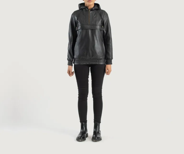 Zest Black Hooded Leather Pullover Jacket Luxury Women's Biker Jacket — Asymmetrical Zipper & Lapel Architecture