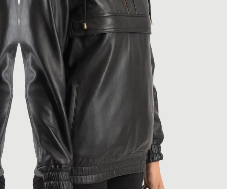 Zest Black Hooded Leather Pullover Jacket Luxury Women's Biker Jacket — Rear Profile & Tailored Seaming