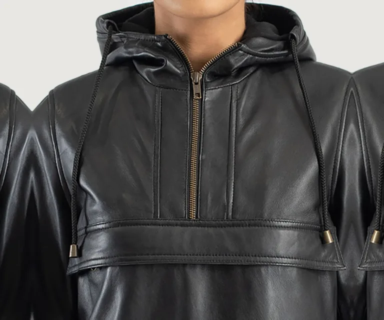 Zest Black Hooded Leather Pullover Jacket Luxury Women's Biker Jacket — Full-Length Silhouette & Drape