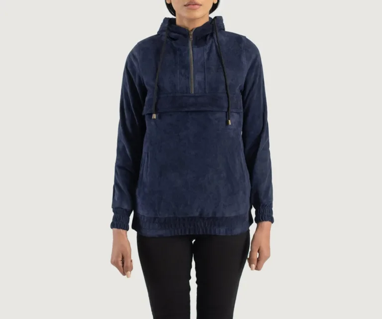 Zest Blue Hooded Suede Pullover Jacket Luxury Women's Outerwear — Front Silhouette Hero Presentation