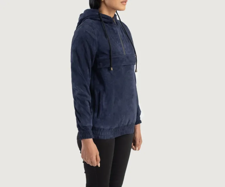 Zest Blue Hooded Suede Pullover Jacket Luxury Women's Outerwear — Three-Quarter Editorial Perspective