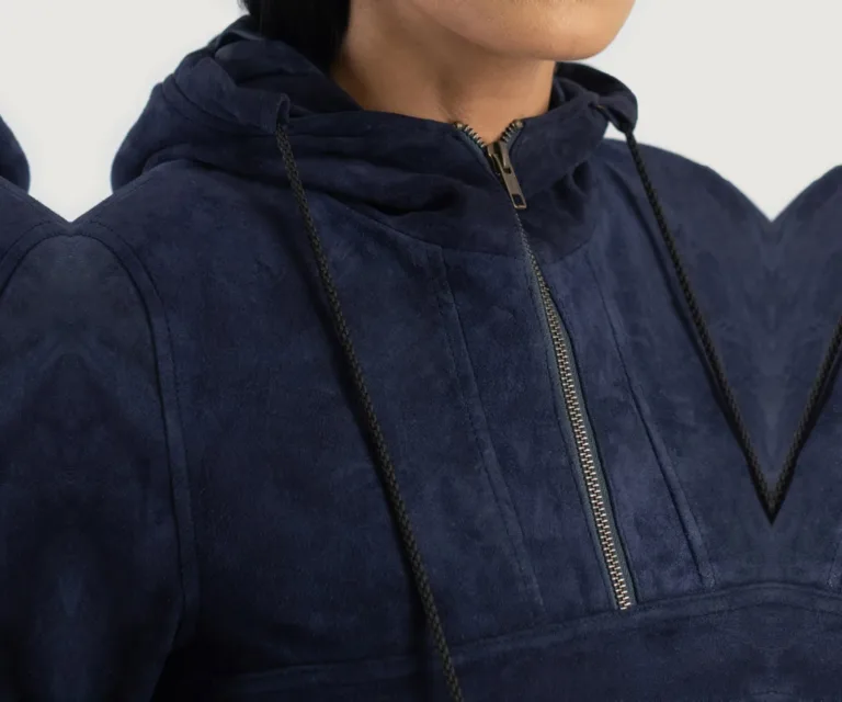 Zest Blue Hooded Suede Pullover Jacket Luxury Women's Outerwear — Rear Profile & Tailored Seaming