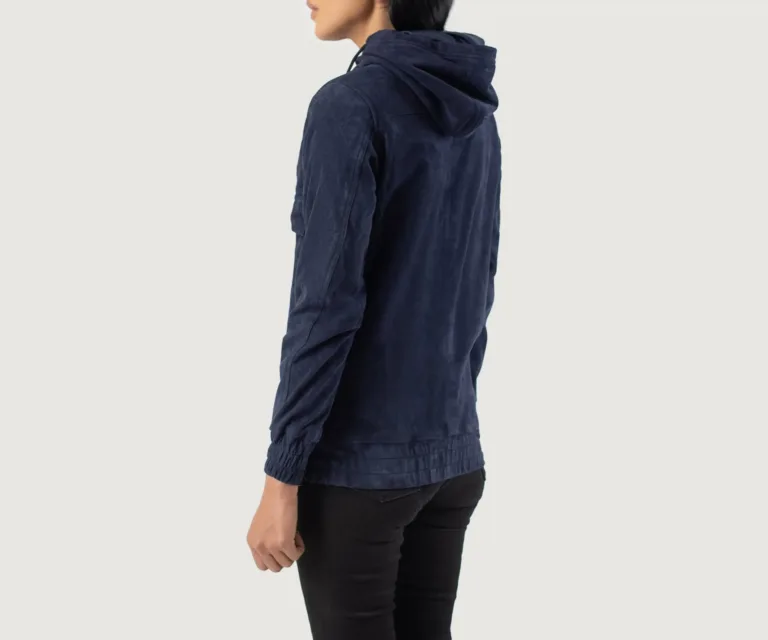 Zest Blue Hooded Suede Pullover Jacket Luxury Women's Outerwear — Macro Hardware & Leather Grain