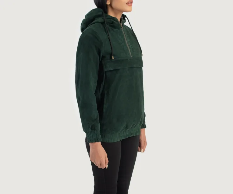 Zest Green Hooded Suede Pullover Jacket Luxury Women's Outerwear — Three-Quarter Editorial Perspective