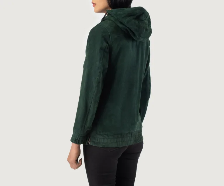 Zest Green Hooded Suede Pullover Jacket Luxury Women's Outerwear — Macro Hardware & Leather Grain