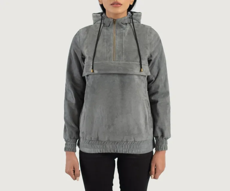 Zest Grey Hooded Suede Pullover Jacket Luxury Women's Outerwear — Front Silhouette Hero Presentation