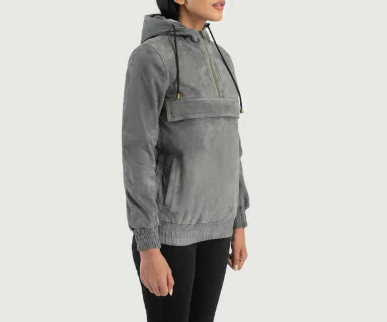 Zest Grey Hooded Suede Pullover Jacket Luxury Women's Outerwear — Three-Quarter Editorial Perspective