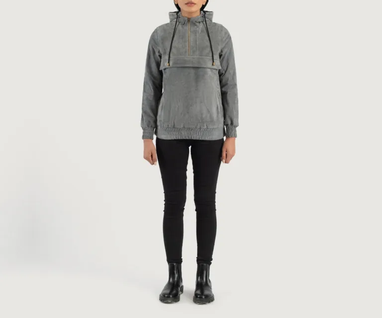 Zest Grey Hooded Suede Pullover Jacket Luxury Women's Outerwear — Collar & Closure Architecture