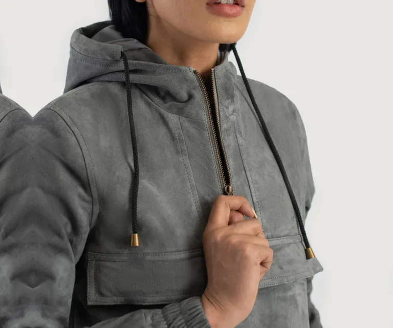 Zest Grey Hooded Suede Pullover Jacket Luxury Women's Outerwear — Rear Profile & Tailored Seaming