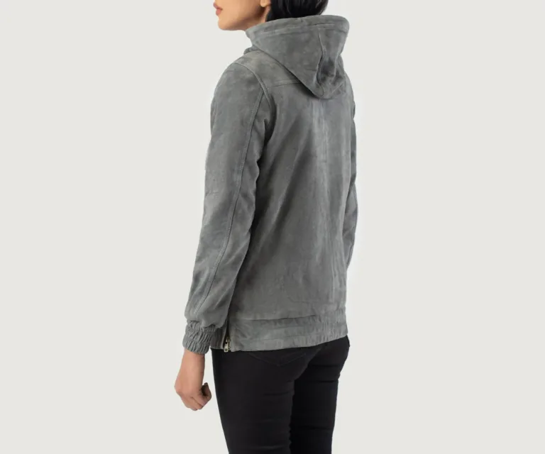 Zest Grey Hooded Suede Pullover Jacket Luxury Women's Outerwear — Macro Hardware & Leather Grain